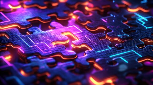 Glowing neon circuit jigsaw puzzle with metallic interlocking pieces and illuminated circuitry, evoking a futuristic and mysterious high-tech atmosphere