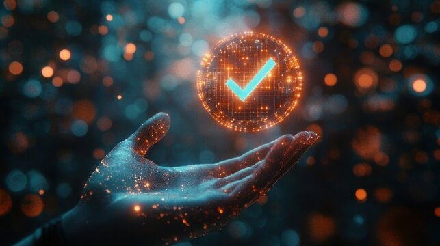 Outstretched hand holding a glowing holographic checkmark in a sea of teal and orange bokeh, evoking reassurance and futuristic wonder - Powered by Adobe