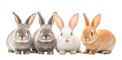 A charming arrangement of four adorable rabbits. their unique fur colors and textures. set against a clean white background. ideal for use in pet-related content or nature-themed designs