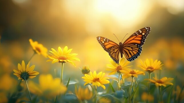 orange and black butterfly resting on bright yellow daisy flowers in a sunlit meadow with soft bokeh and warm golden glow, evoking peaceful calm