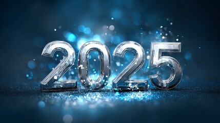 The numbers "2025" made of silver metal, surrounded by glowing stars on a dark blue background, with ample space for text, creating a futuristic New Year concept and banner design.