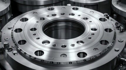 close-up of a polished circular machined metal flange with multiple threaded and bolt holes, concentric grooves and reflective finish conveying cold precision and industrial strength