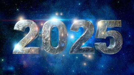 The numbers "2025" made of silver metal, surrounded by glowing stars on a dark blue background, with ample space for text, creating a futuristic New Year concept and banner design.