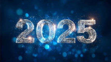 The numbers "2025" made of silver metal, surrounded by glowing stars on a dark blue background, with ample space for text, creating a futuristic New Year concept and banner design.