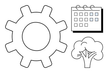 Gear symbolizing process, tree for eco-consciousness, and calendar for planning. Ideal for sustainability, time management, business, ecology, growth, productivity simple flat metaphor