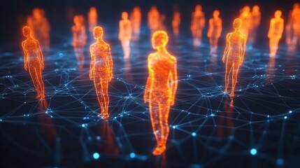 Orange glowing human silhouettes standing on a blue interconnected network of illuminated nodes and lines, evoking futuristic connectivity, unity and isolation