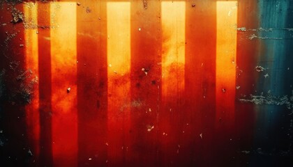 Naklejka premium vertical bands of warm orange sunlight on a rusted corrugated metal wall with peeling paint and teal edges, moody gritty atmosphere