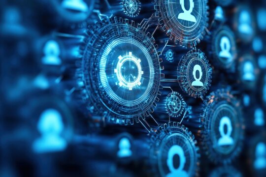 Glowing blue holographic gears and cogs with user profile silhouettes interconnected by circuit lines on a digital interface, evoking futuristic connectivity and collaborative energy