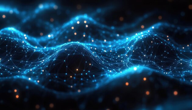 glowing blue mesh waves of interconnected nodes and lines with scattered orange sparkles, a futuristic mysterious digital network visualization