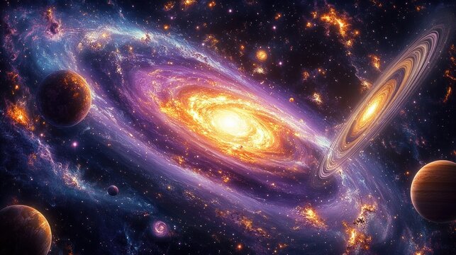 Vast spiral galaxy with glowing golden core, purple-blue nebula arms, scattered stars and multiple planets including a luminous ringed planet, evoking awe and cosmic wonder
