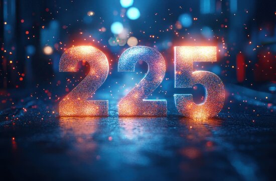 Glittering glowing numbers 225 on a wet reflective street, surrounded by blue and orange bokeh lights and floating sparks, festive and celebratory mood - Powered by Adobe