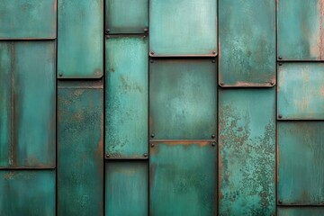 weathered turquoise metal panels with rusted bolts and textured patina overlapping in an industrial wall, conveying an aged rugged moody atmosphere