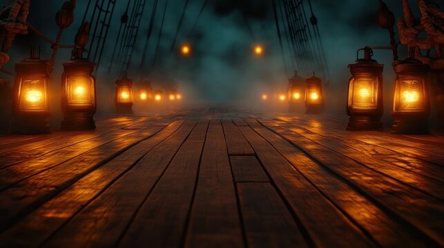 lantern-lit wooden ship deck with ropes and rigging shrouded in fog, warm glowing reflections on wet planks, moody eerie atmospheric night scene evoking suspense and mystery - Powered by Adobe