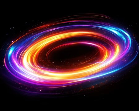 glowing swirling neon light ring with colorful trails and sparks on a black background conveying mesmerizing dynamic energy