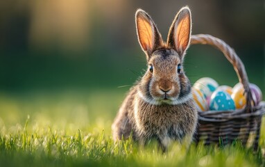 Fototapeta premium Cute bunny sits in sunlit grass near basket filled with decorated Easter eggs