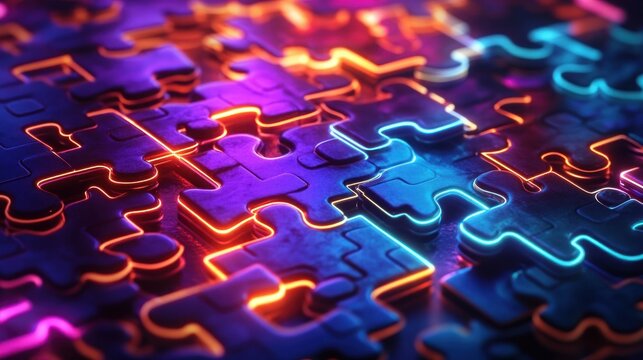 Close-up glowing puzzle pieces with neon blue, purple and orange lighting and metallic sheen, evoking a futuristic, energetic, mysterious mood