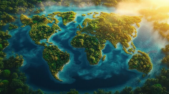 aerial view of a lush green world map formed by tropical islands in a deep blue ocean at sunrise, mist and warm light evoking wonder and tranquility