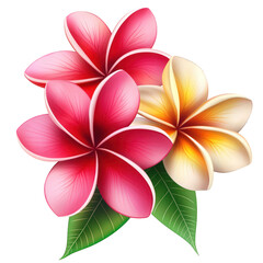 Obraz premium A vibrant cluster of plumeria blossoms, isolated on transparent background, showcases a blend of pink and yellow hues, creating a tropical and inviting floral arrangement