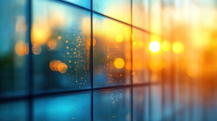 Close-up of wet glass window panes with raindrops and grid lines, warm golden sunset bokeh and cool blue reflections creating a calm, contemplative atmosphere