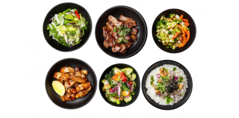 A assortment of fresh salads. grilled meats. and colorful vegetables arranged in black bowls on a white background. a healthy meal option for dining or food photography