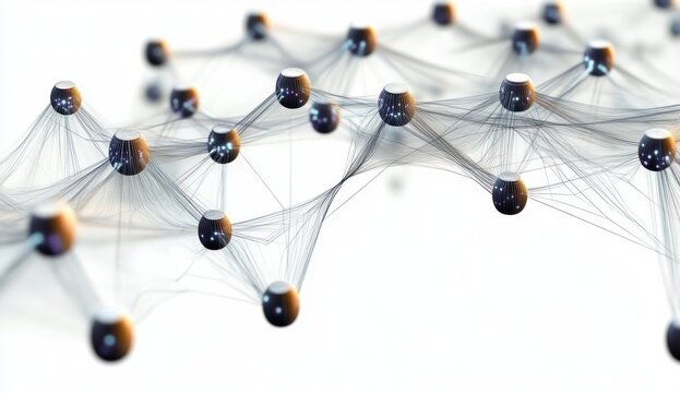 Delicate network of glossy black spheres connected by fine silvery filaments floating over a white background conveying futuristic interconnected precision and airy elegance