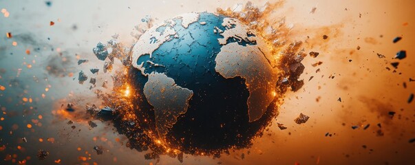 blue and gray cracked planet globe erupting with molten lava, flying debris, smoke and sparks, dramatic apocalyptic destruction and urgency
