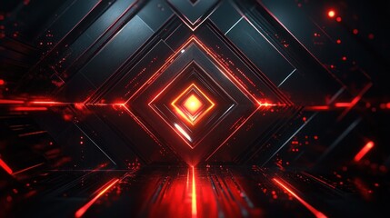 glowing red diamond tunnel of metallic geometric panels and streaking lights conveying intense futuristic energy and a mysterious high-tech atmosphere