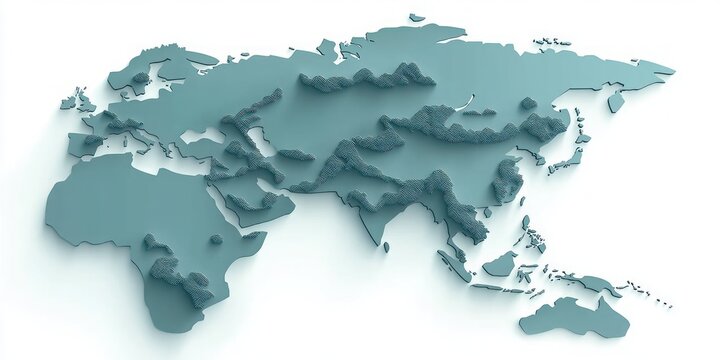 3d teal world map showing europe, asia, africa and australia with raised textured mountain ranges, clean white background, minimalist modern design conveying calm contemplative mood