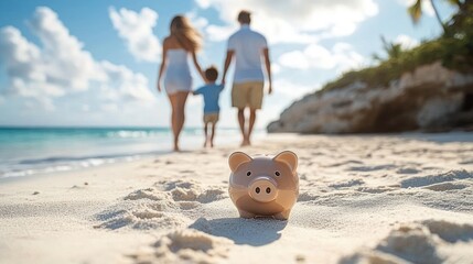 ceramic piggy bank resting on sunlit sandy beach with a smiling family of three holding hands walking toward turquoise ocean beneath blue sky and palm trees, evoking warmth and hopeful relaxation