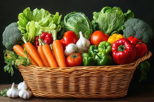 Abundant basket of fresh vegetables, carrots, tomatoes, bell peppers, lettuce, cabbage, broccoli and garlic conveying a vibrant wholesome harvest