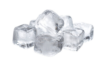 Obraz premium A close-up view of several clear ice cubes stacked together on a white background. their transparency and texture. ideal for beverage-related imagery and culinary presentations