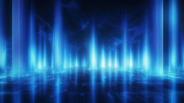 Glowing blue vertical light pillars rising from a reflective circuit grid under a starry digital sky, creating a futuristic and mysterious atmosphere
