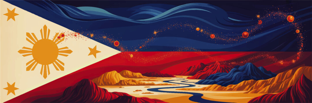 Philippine flag landscape illustration with abstract mountains, cosmic night sky and flowing river in bold red blue yellow art