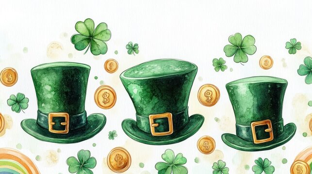 Whimsical watercolor scene of three green top hats with golden buckles surrounded by shamrocks, scattered gold coins and a small rainbow conveying a cheerful festive mood