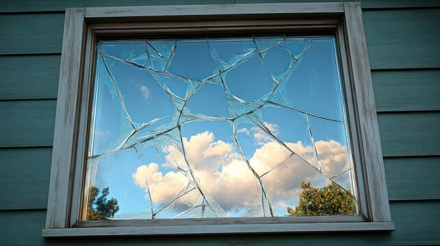 Shattered window pane framing a calm blue sky and fluffy clouds above treetops, weathered white frame and teal siding evoking fragility and quiet hope - Powered by Adobe