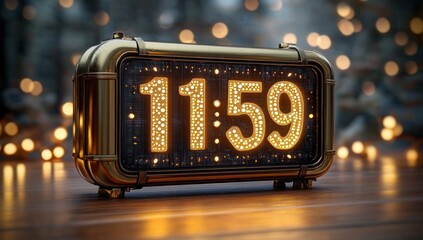 glowing gold retro marquee clock on wooden table showing 11:59 with illuminated bulb numbers and warm bokeh lights evoking anticipation