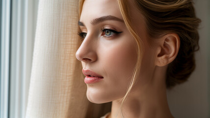 Close-up portrait of a thoughtful young woman looking out the window with soft natural light