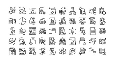 Data management icon set collection. Containing organization, monitoring, administration, database, server, employment, report .Line vector icons collection