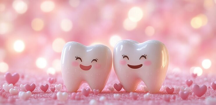Two smiling cute cartoon teeth with blushing cheeks standing together among pink heart confetti on a soft bokeh background, joyful and affectionate