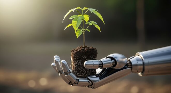 Robotic Hand Tenderly Holding a Growing Plant, Symbolizing Technology and Nature.