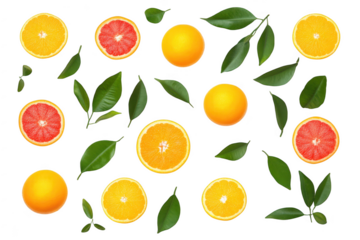 A arrangement of fresh oranges and grapefruits surrounded by green leaves on a clean white background. ideal for food-related content or health promotions