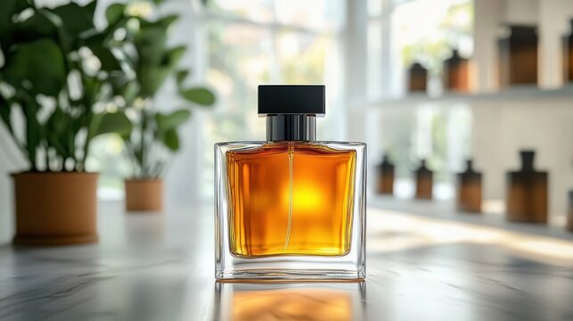 Elegant glass perfume bottle with amber liquid on reflective tabletop in a sunlit minimalist interior, warm and sophisticated mood
