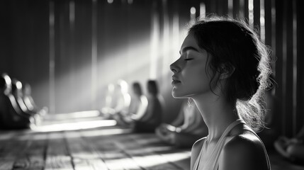 Young woman in profile seated in a sunlit wooden studio as a group meditates in rows, calm and contemplative monochrome scene