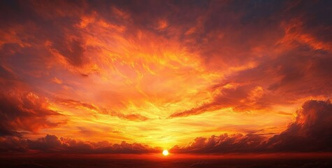 Fiery golden sunset over a distant horizon with dramatic layered clouds and a glowing orange sky evoking awe and serene warmth