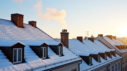 Snowy European rooftops at sunrise with smoking chimney for winter city establishing shot - Powered by Adobe