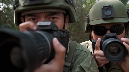 Adventurous photographers in military gear capture wildlife in dynamic outdoor shoot, perfect for travel, adventure, and professional photography themes