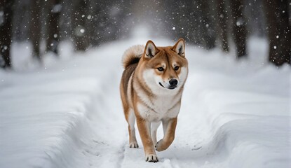 Shiba inu walking in snow - ultra realistic photo