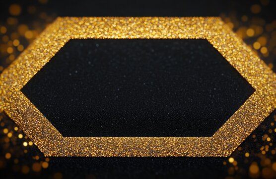black textured backdrop with glittering gold hexagonal frame and warm bokeh lights, elegant celebratory mood