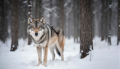 Wolf staring in snowy forest - ultra realistic photo