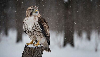 Hawk perched on snowy tree - ultra realistic photo